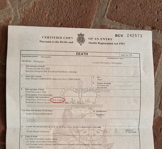 ozzy death certificate